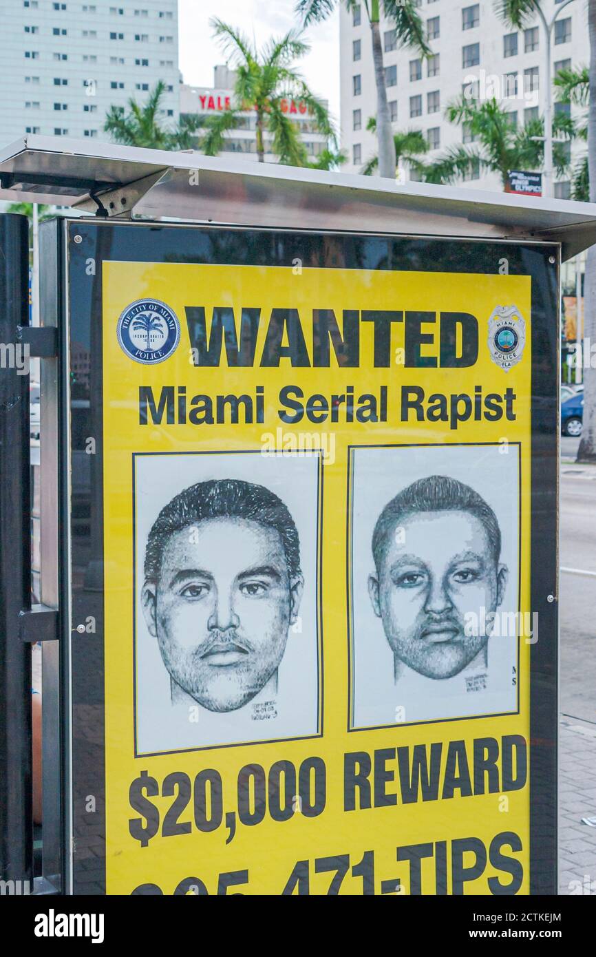 Miami Florida, Plakat Plakatwand Serienvergewaltiger gesucht, kriminelle Verbrechen Skizze Skizzen Ähnlichkeit Belohnung angeboten, Stockfoto