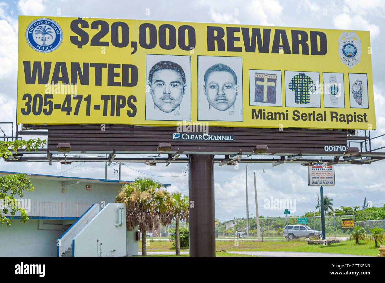 Miami Florida, Plakat Plakatwand Serienvergewaltiger gesucht, kriminelle Verbrechen Skizze Skizzen Ähnlichkeit Belohnung angeboten, Stockfoto