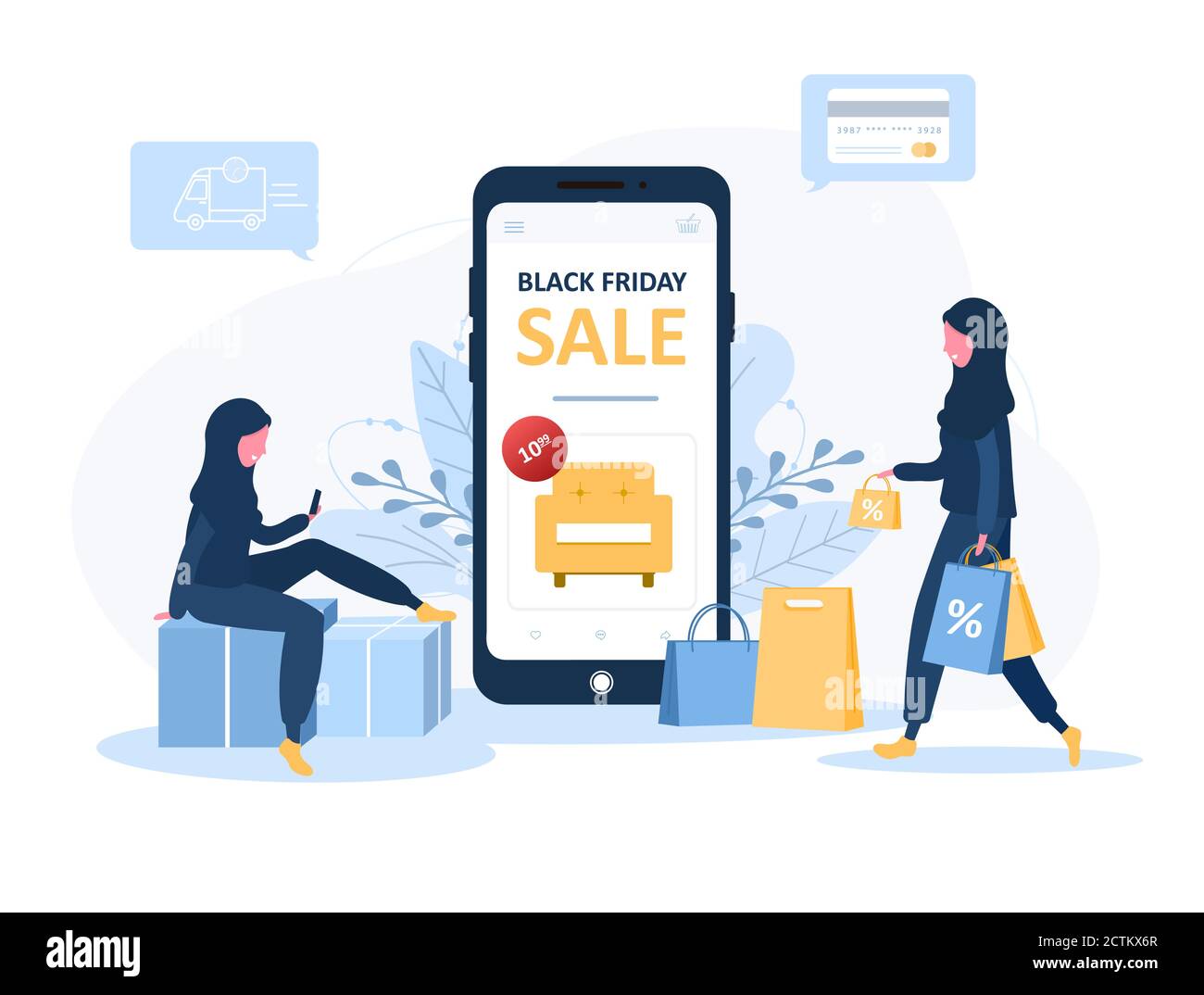 Angebot „Black friday“. Arabische Frauen Shop in einem Online-Shop sitzen auf Boxen. Der Produktkatalog auf der Web-Browser-Seite. Flacher Style. Stock Vektor