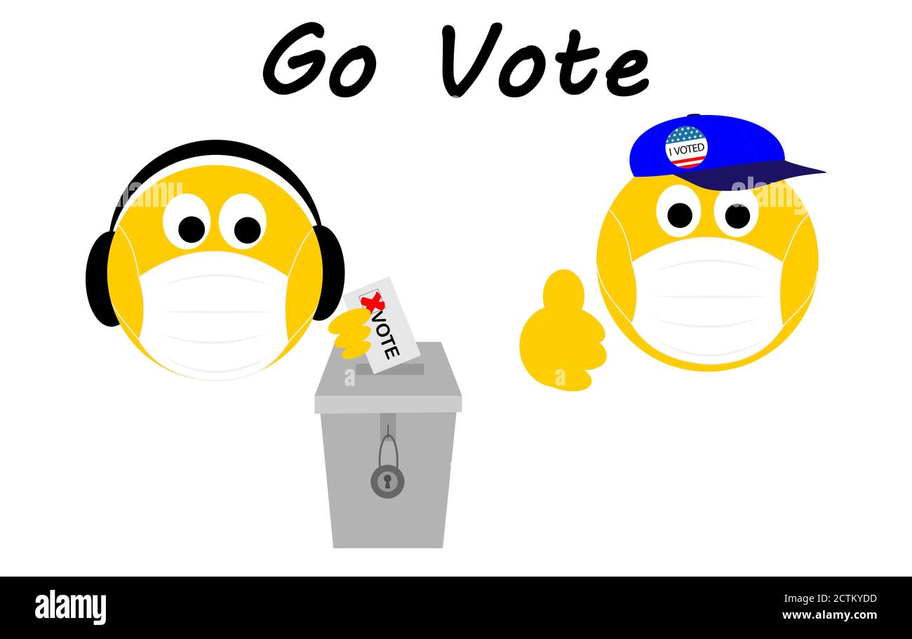 Zwei Stimmemojis soziale Distanzierung und tragen Gesichtsmasken gegen covid 19 Coronavirus zu schützen, gehen Abstimmung Text Stockfoto