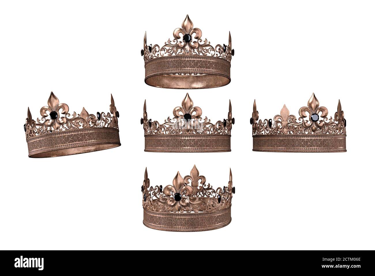 Mittelalterliche Krone mit Juwelen auf isoliertem Hintergrund, 3D-Illustration, 3D-Rendering Stockfoto