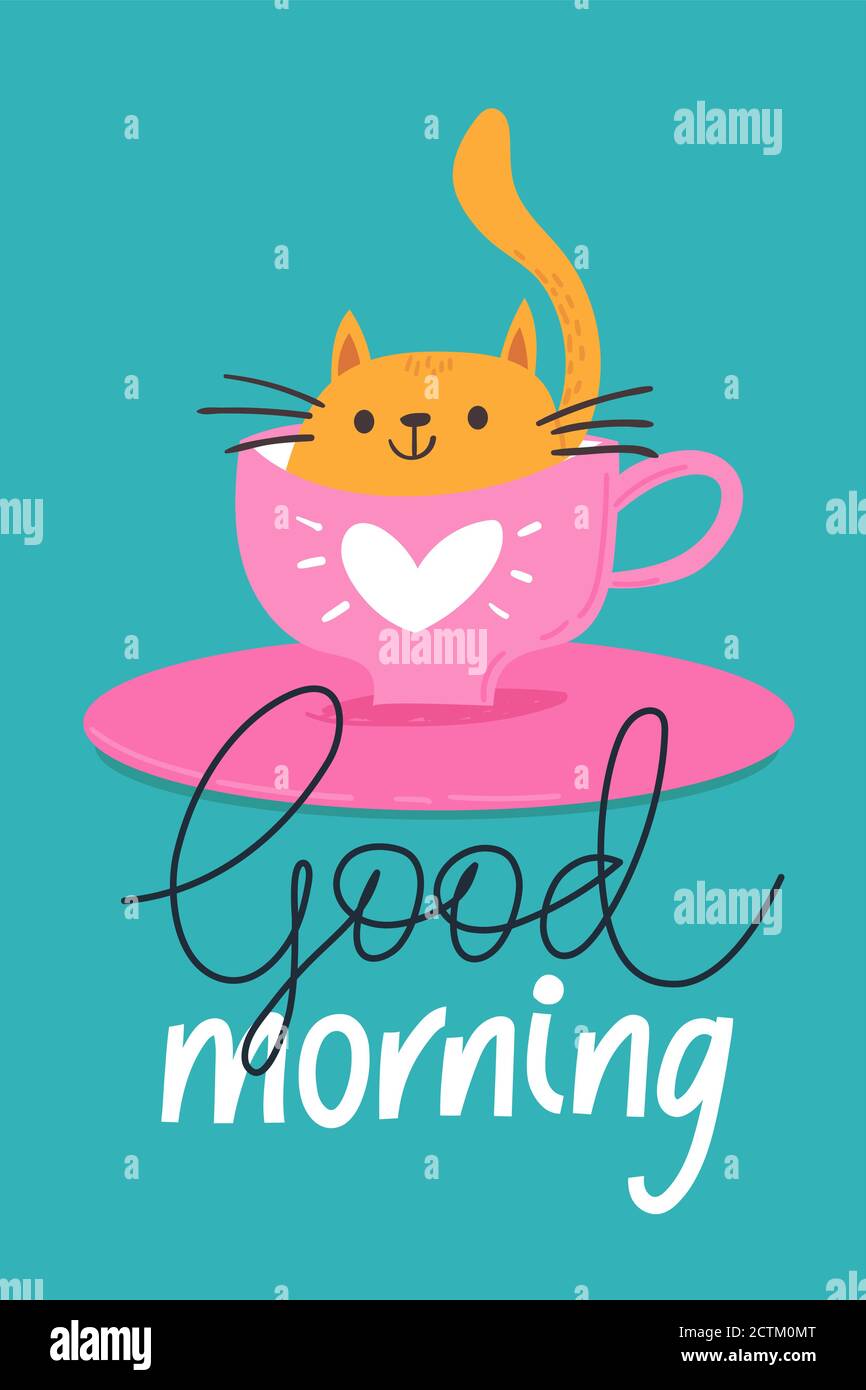 Trendy Poster mit niedlichen Cartoon-Katze und guten Morgen Zitat. Stock Vektor