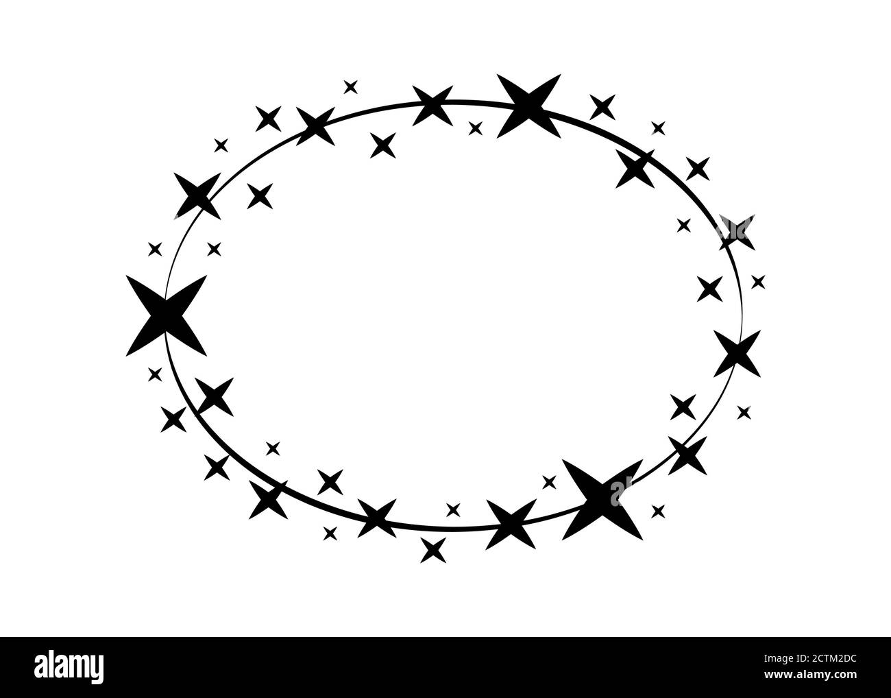 Vektorkreis Sternrahmen. Kranz für Design, Logo-Vorlage. Sternenstaub, Sterne, Sternenhimmel. Runder Rahmen mit Sternen und Glitzerpunkten auf weißem Hintergrund Stock Vektor