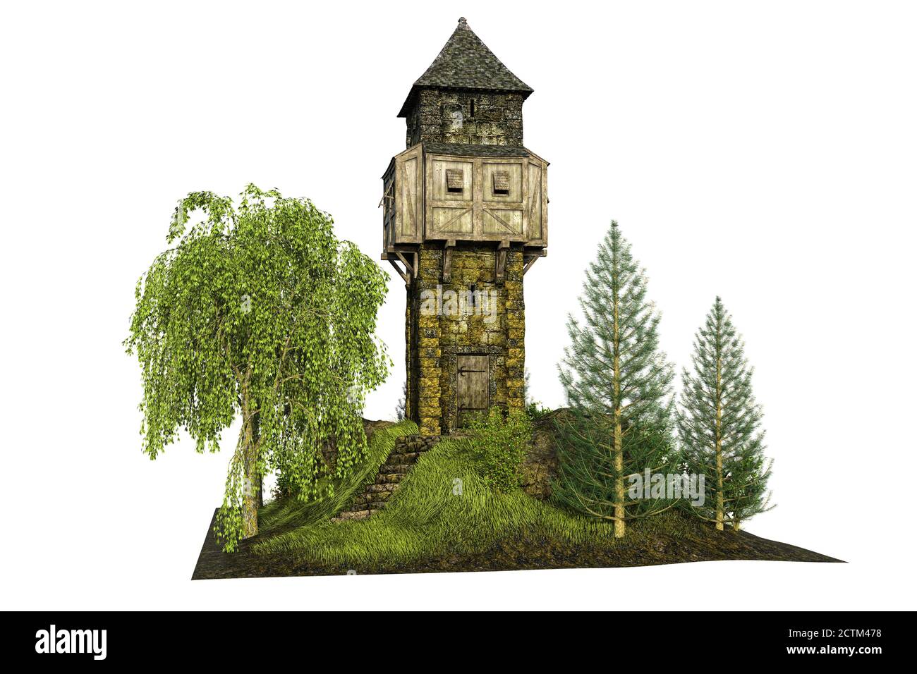 Medieval Fantasy Watchtower, 3D-Illustration, 3D-Rendering Stockfoto