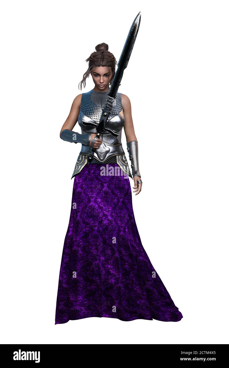 POC Medieval Fantasy Warrior Woman mit Schwert auf isoliertem weißem Hintergrund, 3D-Illustration, 3D-Rendering Stockfoto