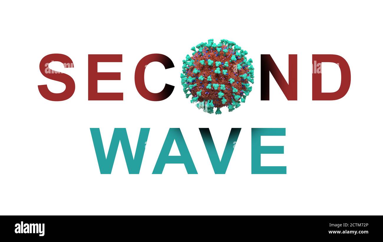 COVID-19 Coronavirus Pandemic Second Wave Text - Virus Epidemic Arriving Warnung, Gefahr, Prävention und Bewusstsein Grafik Abstract Stockfoto