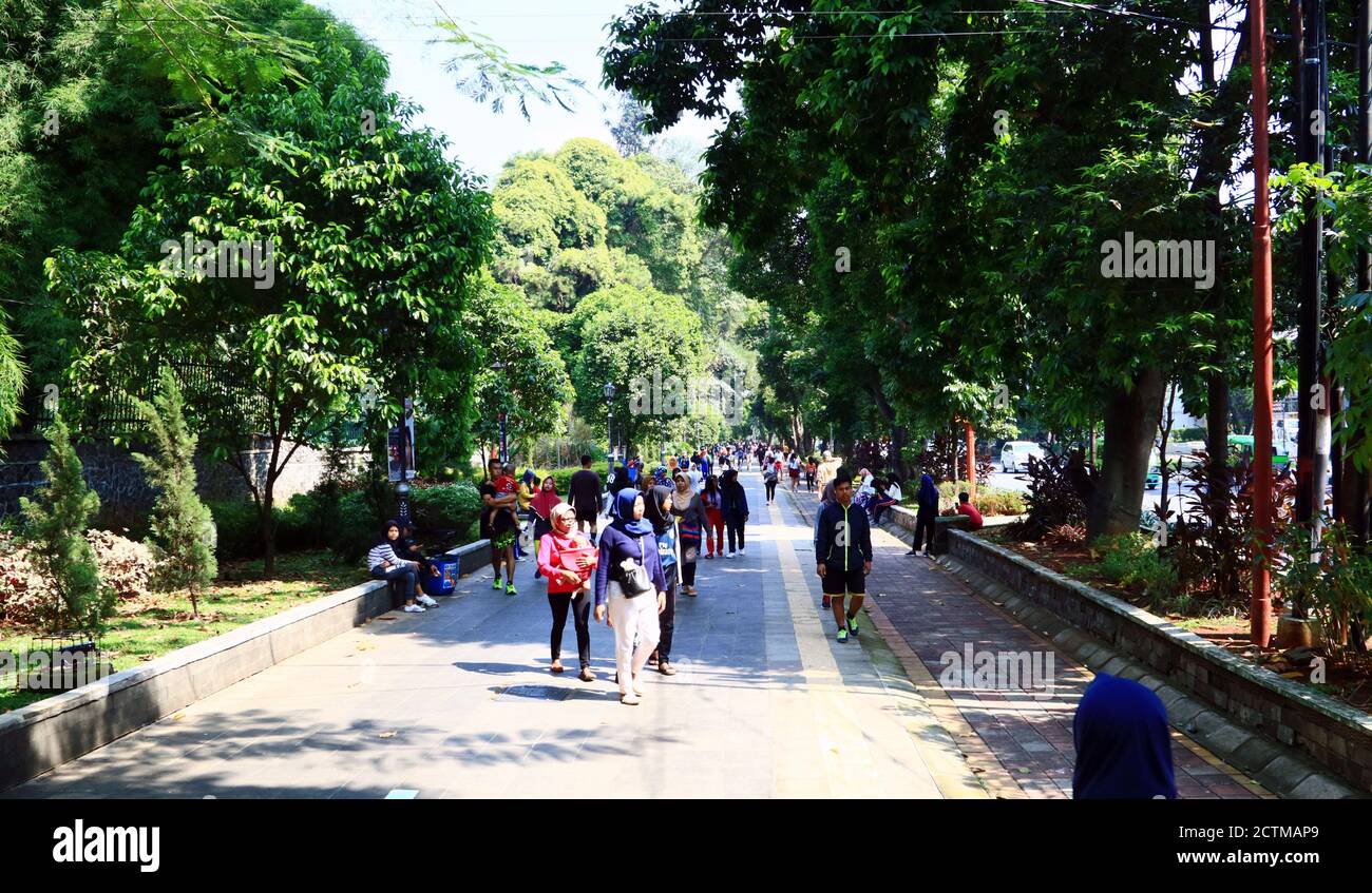 Bogor, Indonesien - 20. Oktober 2019: Menschen trainieren auf dem Bürgersteig neben dem Botanischen Garten Bogor. Stockfoto