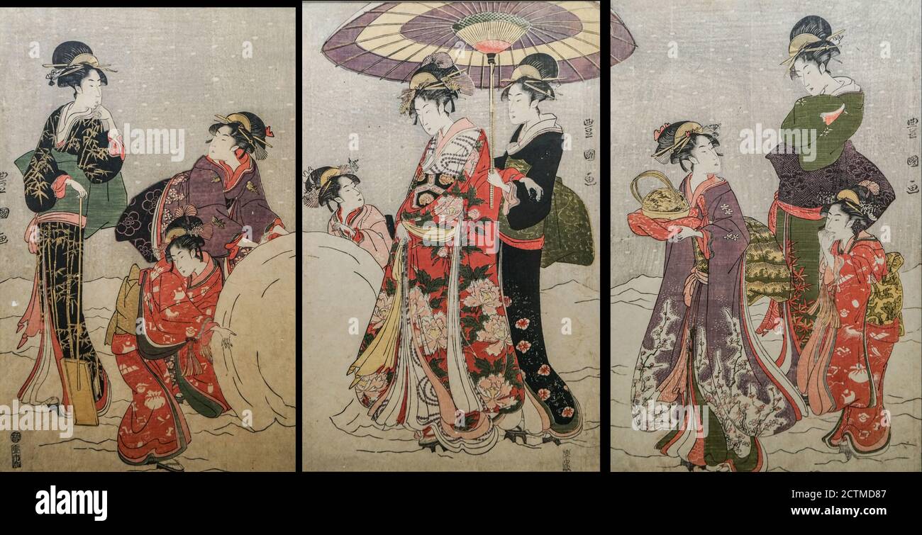Spielen im Schnee, von Utagawa Toyokuni, Holzschnitt, Edo-Zeit, Ende 18. - Anfang 19. Jahrhundert Stockfoto