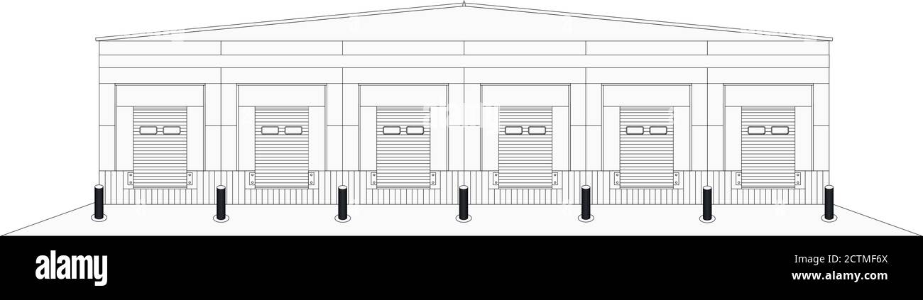 Großes Distributionslager mit Toren zum Verladen von Waren. Stock Vektor