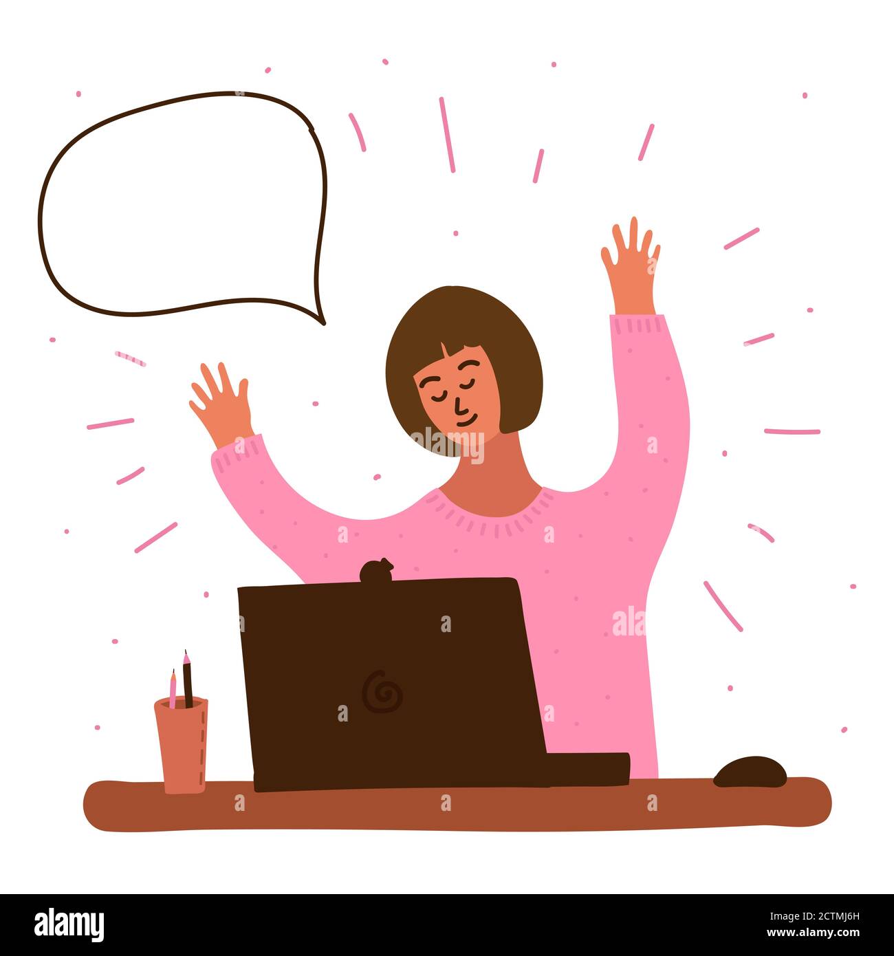 Vektor-Cartoon-Illustration von Mädchen Blogging im Internet, lernen oder Spiel zu spielen. Einige Ausrufezeichen um sie herum und Sprechblase. E-Learning Stock Vektor