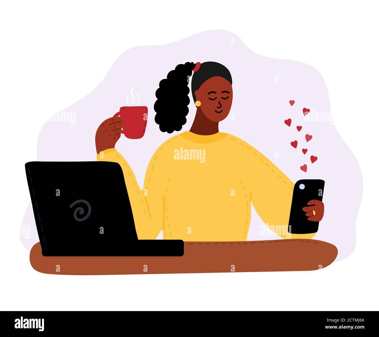 Schwarze afrikanische Frau sitzt mit Laptop und Smartphone. Blogging, Remote-Arbeit. Soziale Netzwerke. Kommunikation in sozialen Medien. Cartoon Vektorgrafik Stock Vektor