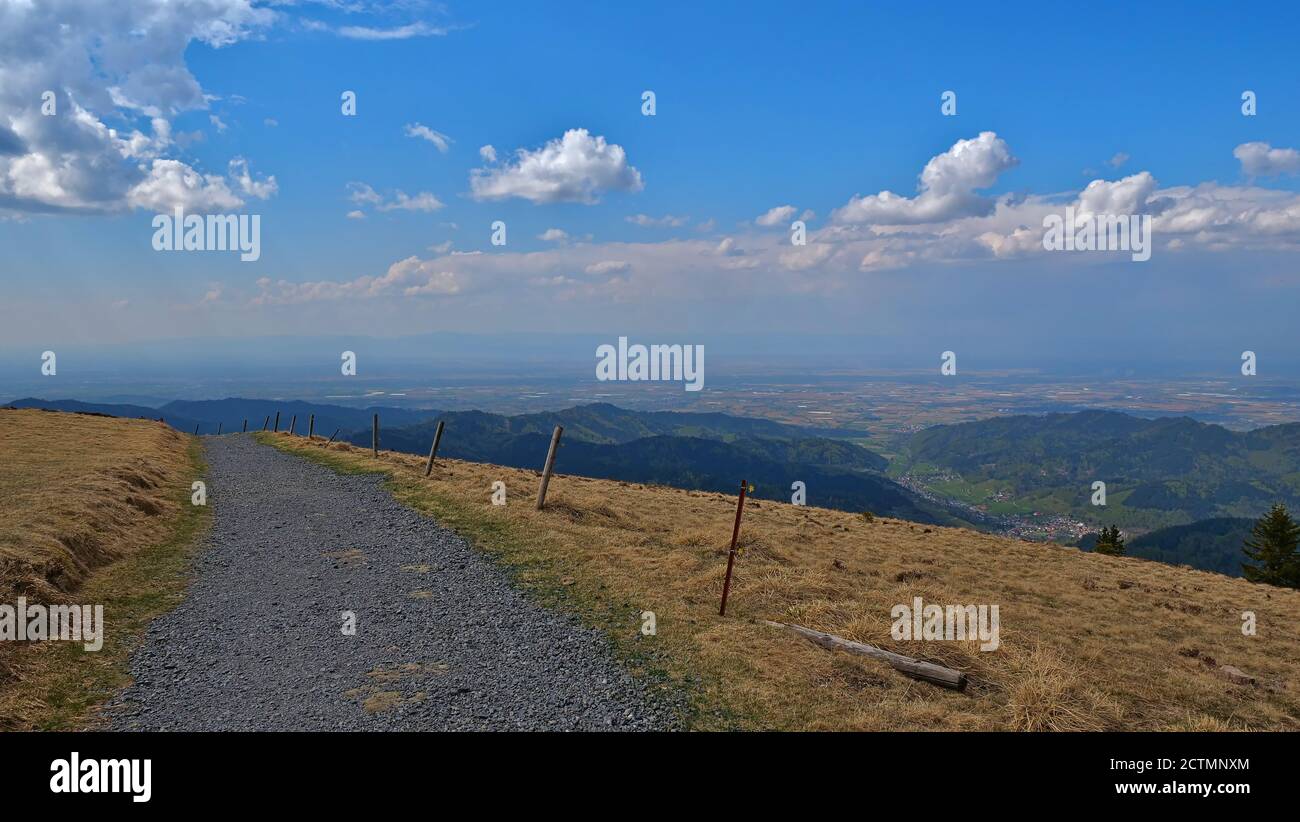 Panoramablick vom Gipfel des Belchen, einem der größten Berge im Schwarzwald, Baden-Württemberg, Deutschland, über Rheintal und Vogesen. Stockfoto