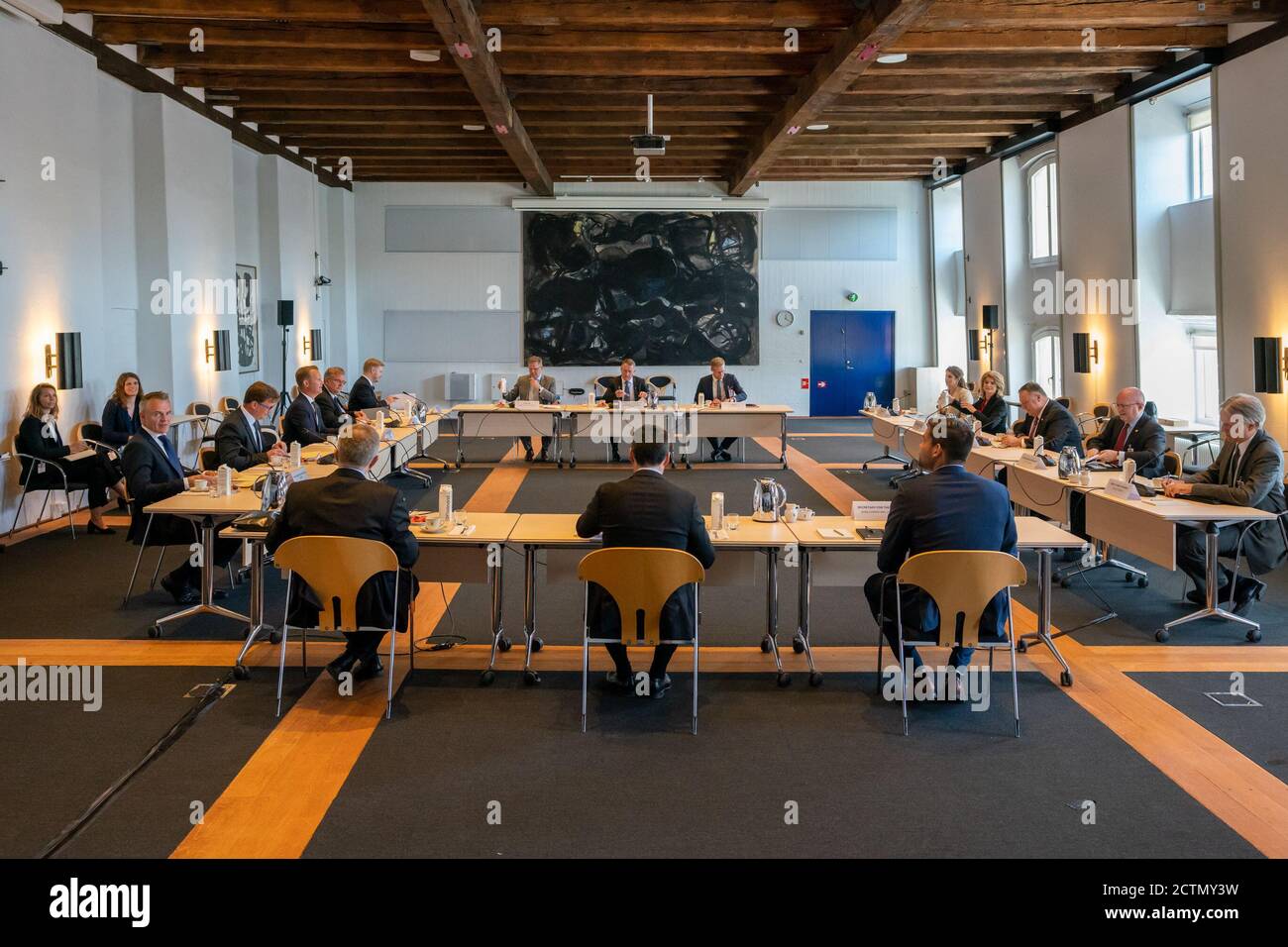 Außenminister Mike Pompeo trifft am 22. Juli 2020 in Kopenhagen mit dem dänischen Außenminister Jeppe Kofod, dem färöischen Außenminister Jenis Av Rana und dem grönländischen Außenminister Steen Lynge zusammen. Stockfoto