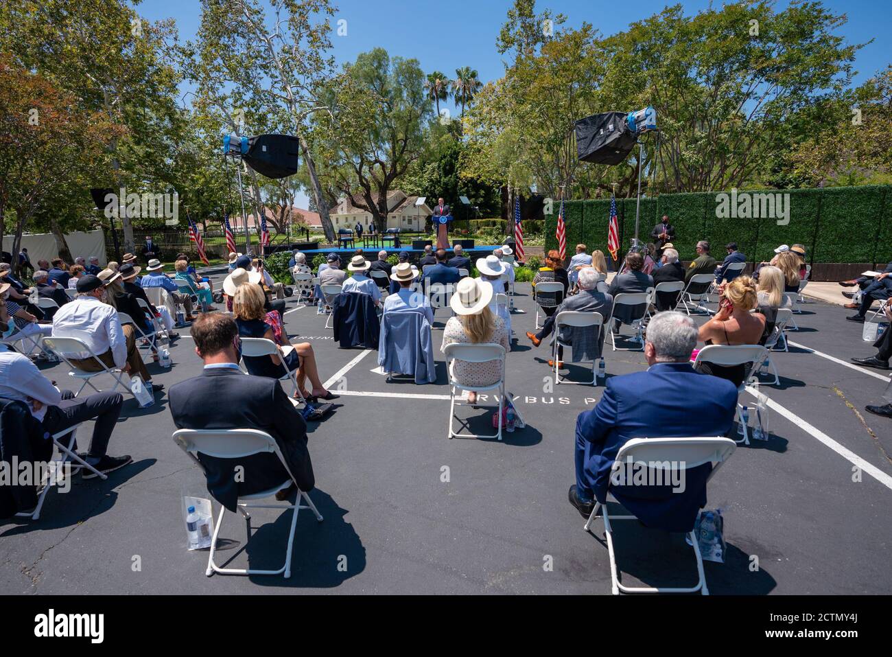 US-Außenminister Mike Pompeo hält am 23. Juli 2020 eine Rede in der Richard Nixon Presidential Library in Yorba Linda, Kalifornien, in der er über die Zukunft des kommunistischen China und seine Auswirkungen auf die freie Welt diskutiert. Stockfoto