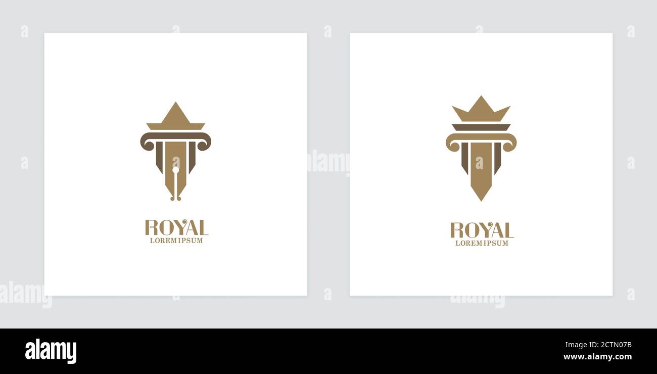 Füllfederhalter und antike Säulen-Symbole. Logo-Design für Anwaltskanzleien und Museen. Stock Vektor