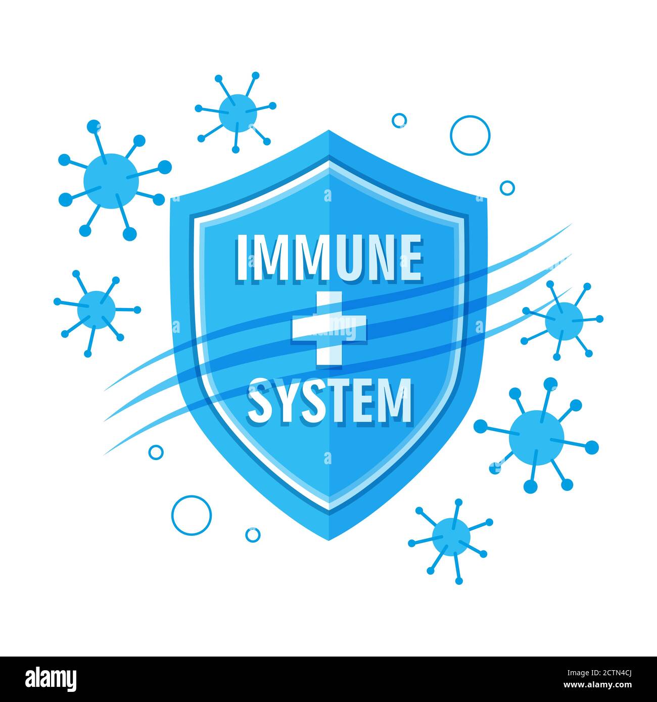 Flaches Vektorsymbol des Immunsystems. Medizinische Schild wirkt bakteriellen Angriff der menschlichen Immunität. Virenschutz, vorbeugende Impfung Stock Vektor