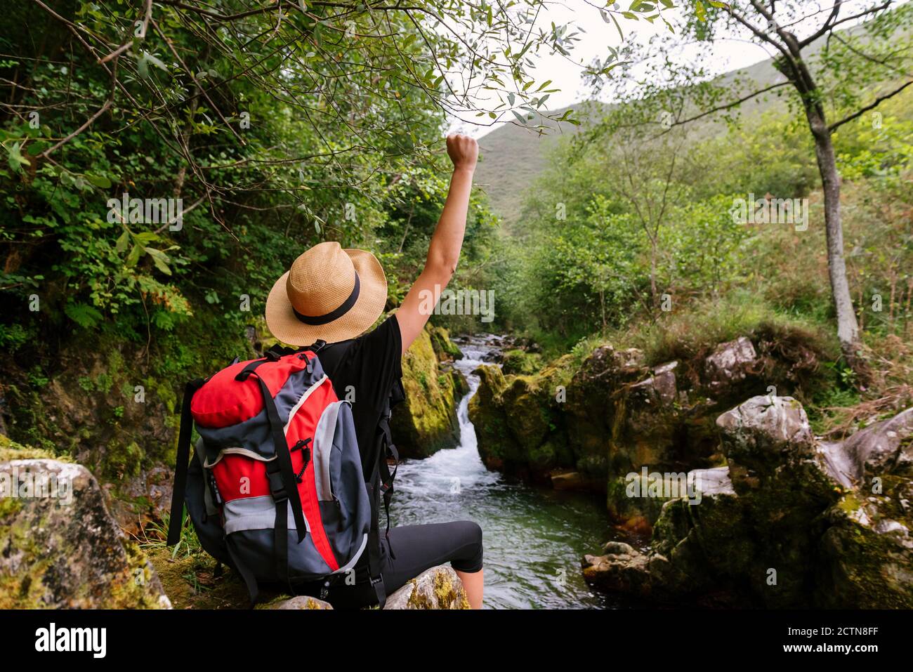 Rückansicht eines nicht erkennbaren Wanderers mit Rucksack, der die Zielerreichung feiert Mit der Faust nach oben, während man in der Nähe des Bergflusses im Wald steht Stockfoto