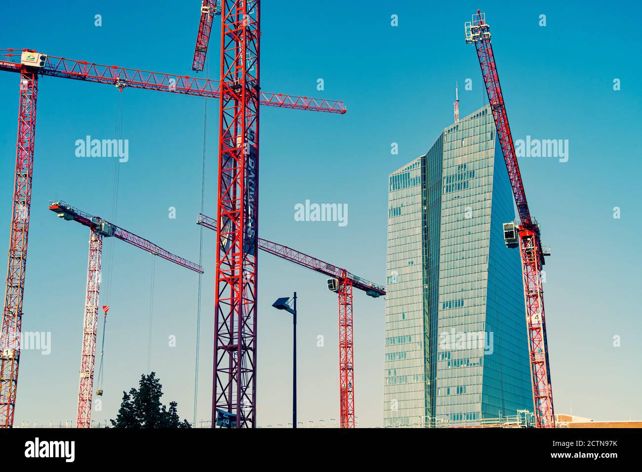 Europäische Zentralbank mit Baukranen im Vordergrund Stockfoto