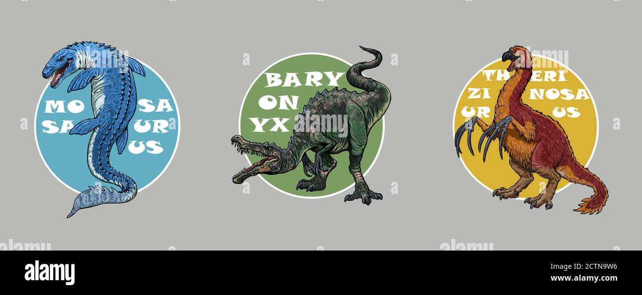 Set von 3 Dinosaurier Logos. Mosasaurus, Baryonyx und Therizinosaurus. Dinosaurier-Illustration. Stockfoto