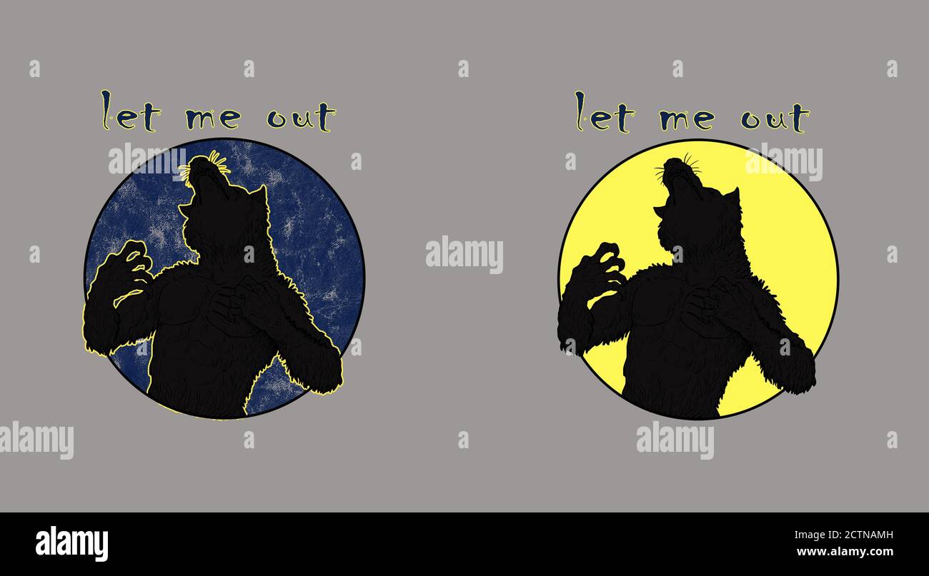 Der Werwolf heult auf den Mond - Lass mich raus. Monster Silhouette Illustration. Stockfoto