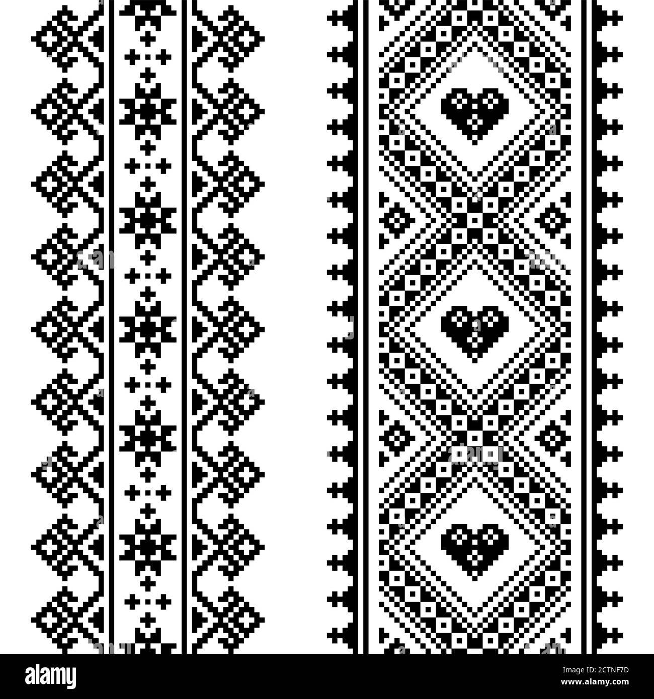 Traditionelle ukrainische und belarussische Volkskunst Vektor-Muster - vertikal Nahtloses Kreuzstich-Design in schwarz und weiß Stock Vektor