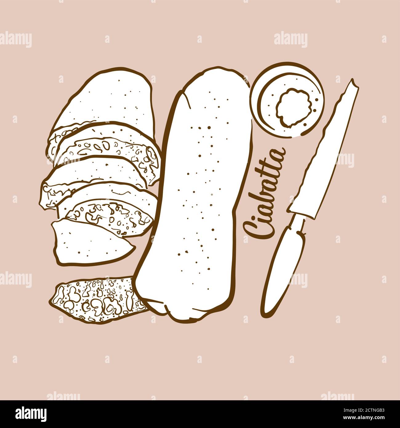 Handgezeichnete Ciabatta-Brot-Illustration. Weiß, meist in Italien bekannt. Vektorzeichnen Serie. Stock Vektor