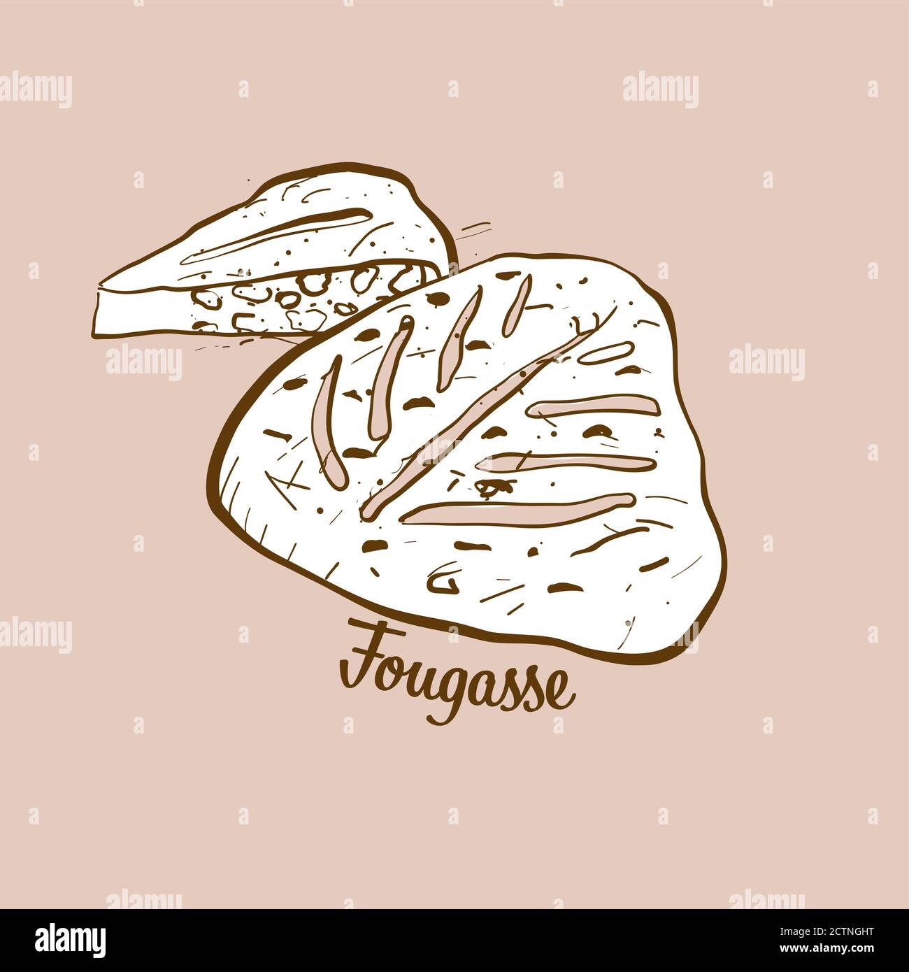Handgezeichnetes Fougasse Brot Illustration. Hefebrot, in der Regel in Frankreich bekannt. Vektorzeichnen Serie. Stock Vektor