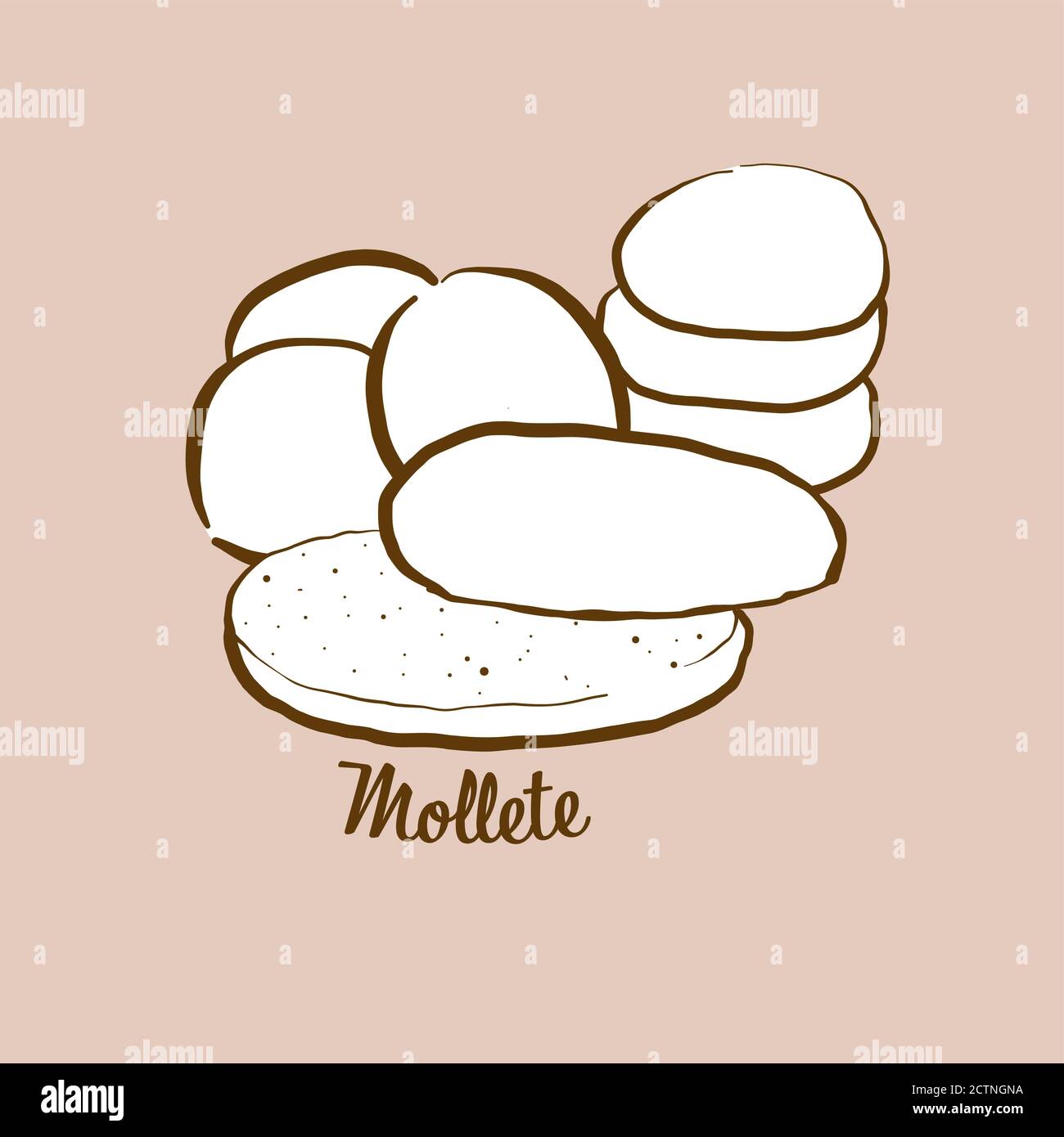 Handgezeichnetes Molletbrot Illustration. Fladenbrot, weiß, meist bekannt in Andalusien, Spanien. Vektorzeichnen Serie. Stock Vektor