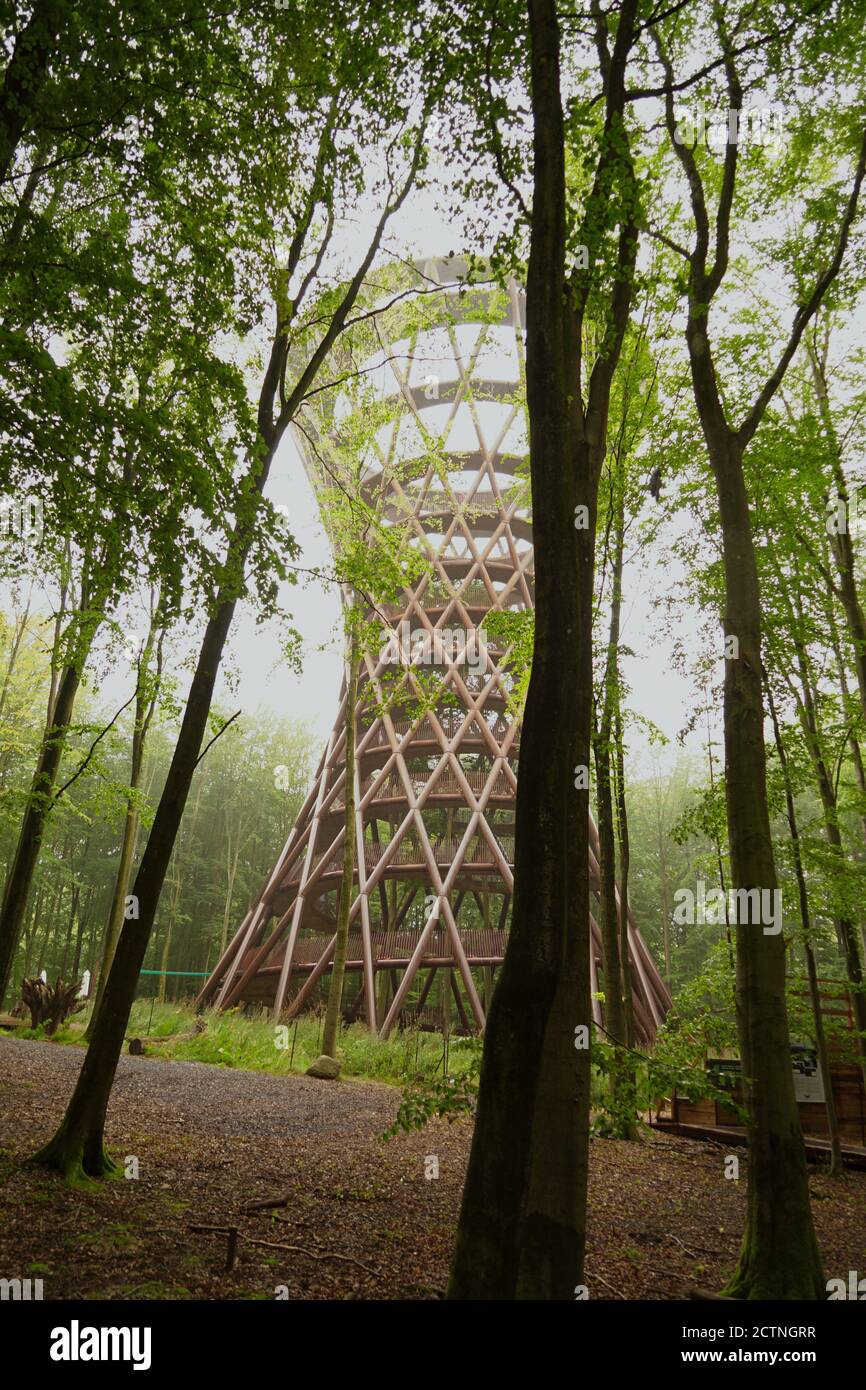 Holzturm im Adventure Camp an regnerischem nebligen Tag Stockfoto