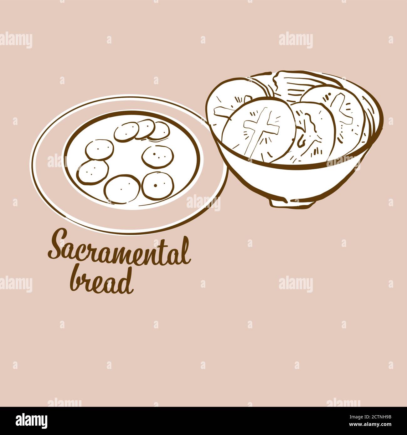 Handgezeichnete sakramentale Brot Brot Illustration. Knuspriges Brot, in Griechenland, Rom, bekannt. Vektorzeichnen Serie. Stock Vektor