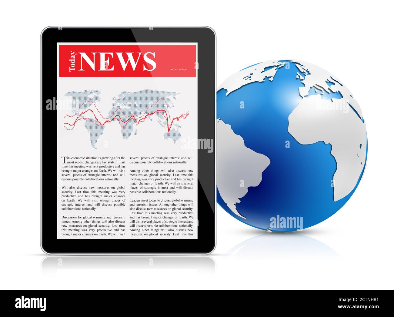 Digitale Tablette mit Nachrichten Titelseite und Globus, weißer Hintergrund Referenzkarte : http://veimages.gsfc.nasa.gov/3446/lcc global 2048.jpg verwendete Software: Stockfoto