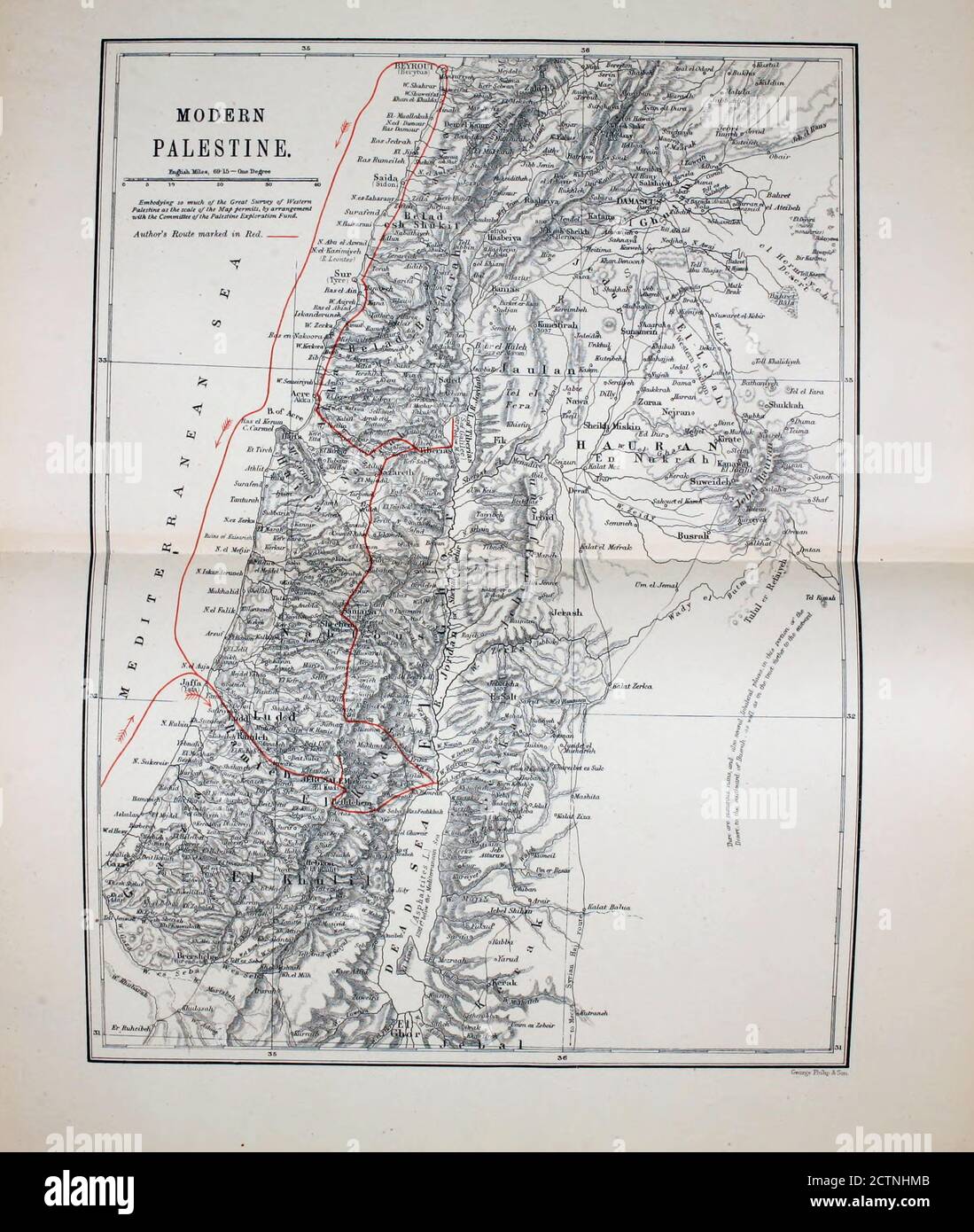 Alte Karte des 'modernen' Palästinas aus dem Buch Palästina illustriert von Sir Richard Temple, 1. Baronet, GCSI, CIE, PC, FRS (8. März 1826 – 15. März 1902) war ein Administrator in Britisch-Indien und ein britischer Politiker. Veröffentlicht in London von W.H. Allen & Co. Im Jahr 1888 Stockfoto