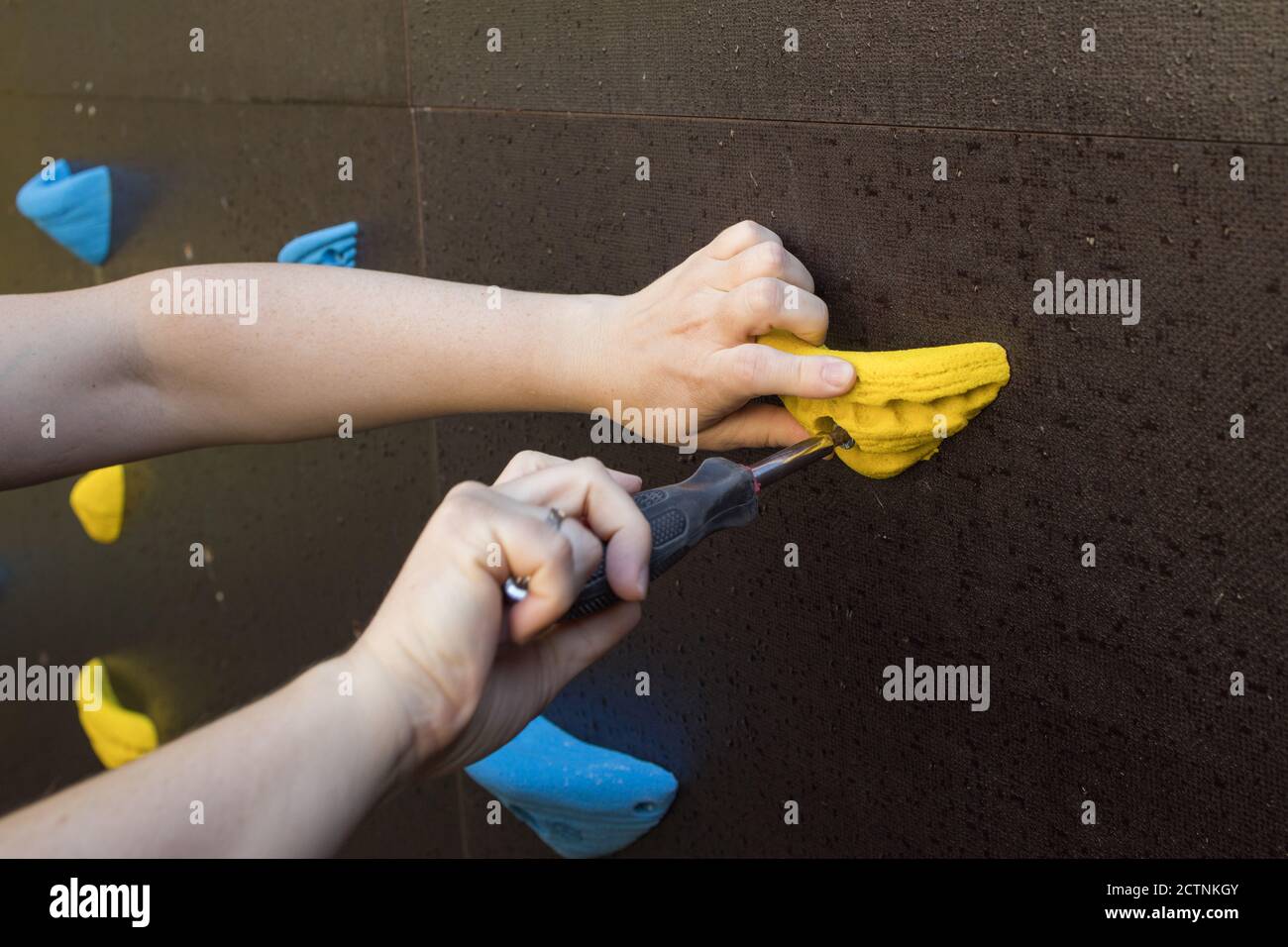 Anonymer Erntearbeiter mit Schraubendreher-Befestigungsgriffe an der Kletterwand Im modernen Fitnessraum Stockfoto