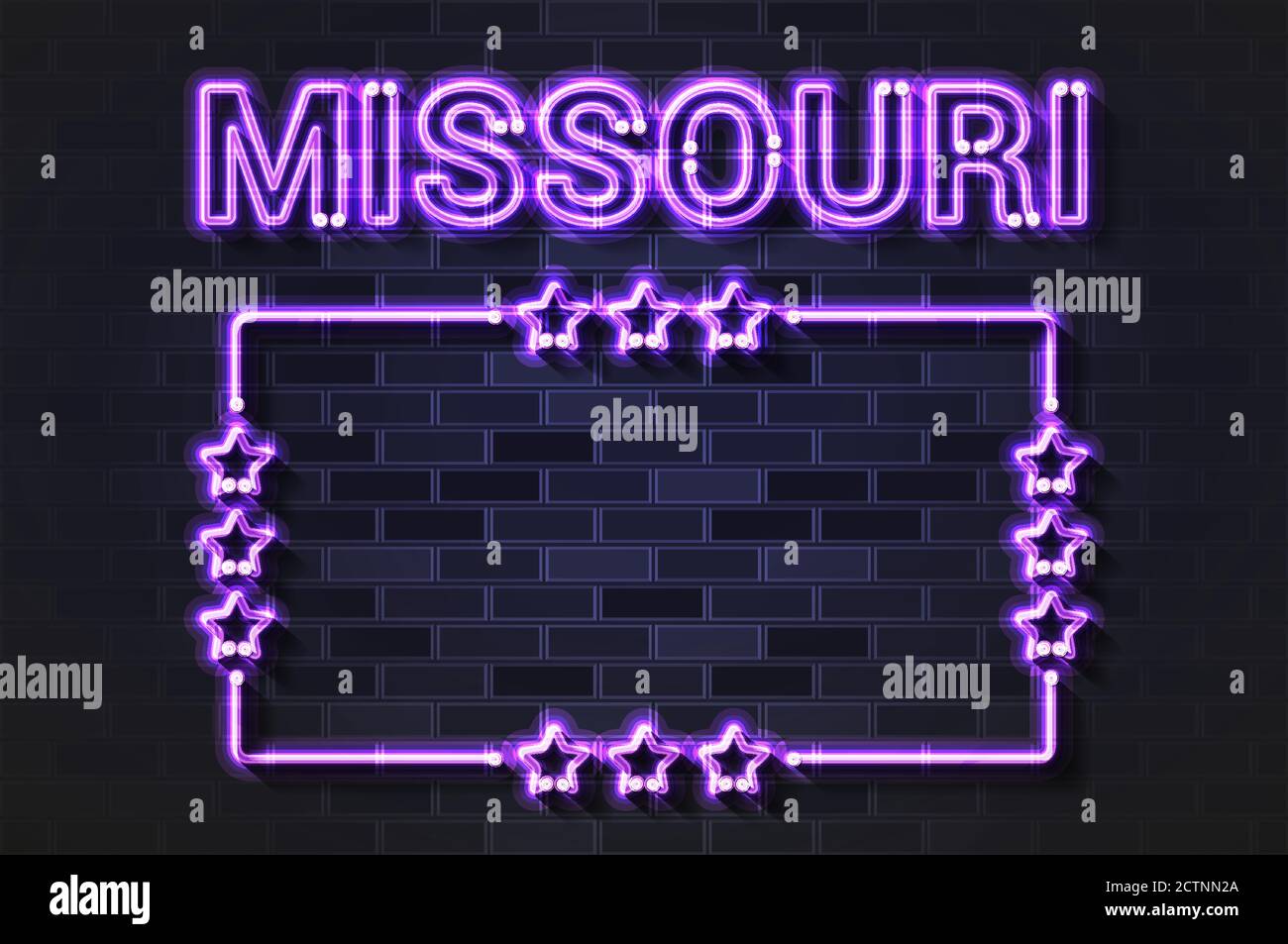 Missouri US State glühende violette Neonbuchstaben und Sternrahmen Auf einer schwarzen Ziegelwand Stock Vektor