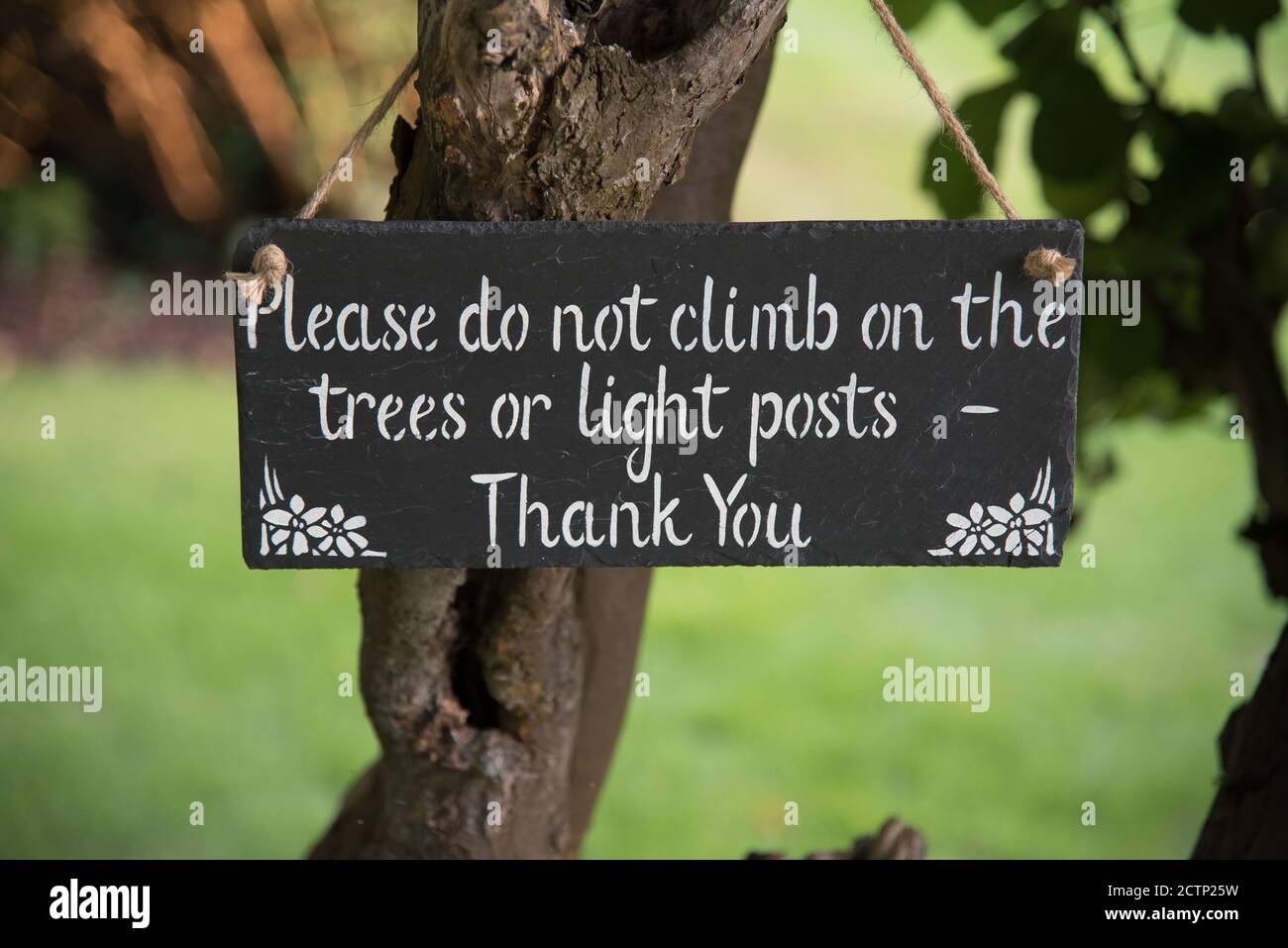 Bitte klettert nicht auf die Bäume oder Lichtpfosten - Vielen Dank Stockfoto