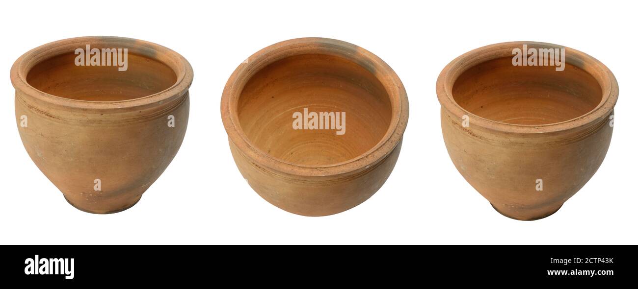 Sammlung große Tontöpfe mit verschiedenen Winkeln isoliert auf weiß Hintergrund Stockfoto
