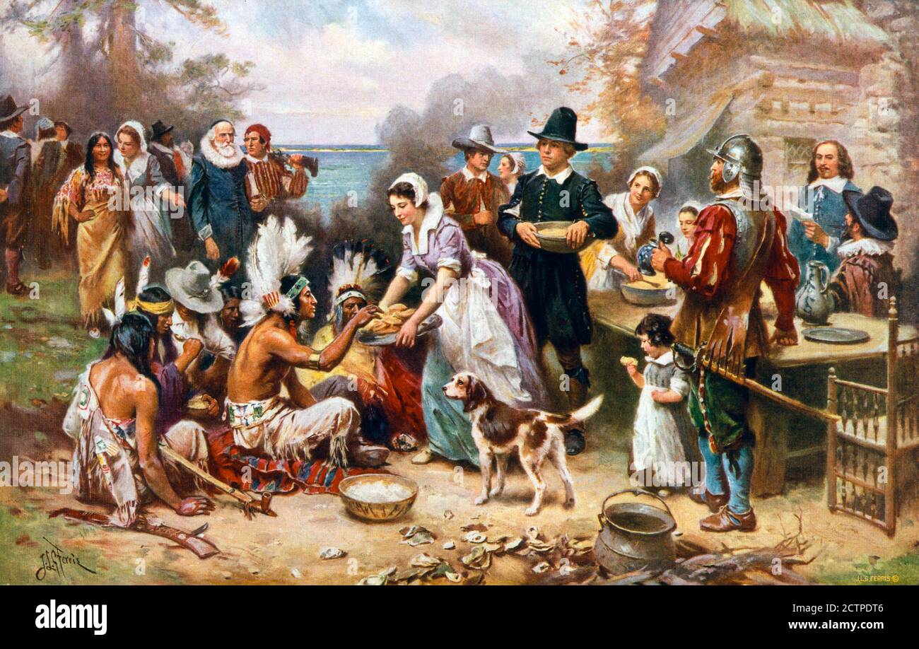 Das erste Thanksgiving 1621 von Jean Leon Gerome Ferris, farbiger Halbtondruck, ca. 1932. Die Veranstaltung folgte der Landung der Pilgerväter in Amerika im Jahr 1620 Stockfoto