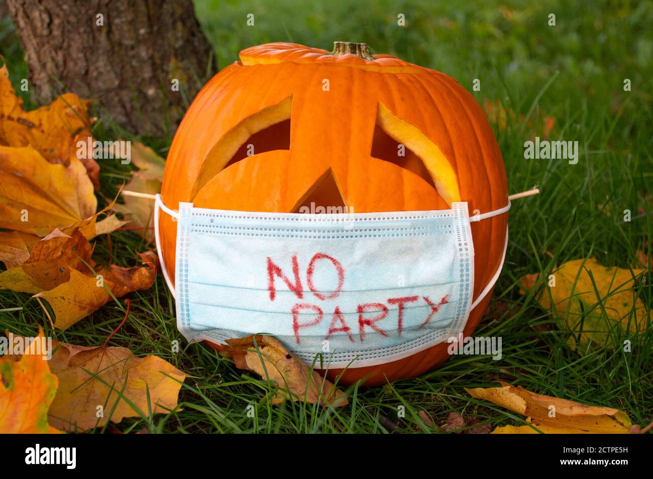 Geschnitzter Halloween Kürbis mit traurigen Augen Maske auf dem Gras mit Blättern, keine Party während Covid oder Coronavirus Ausbruch, Veranstaltungen und Partys absagen Stockfoto
