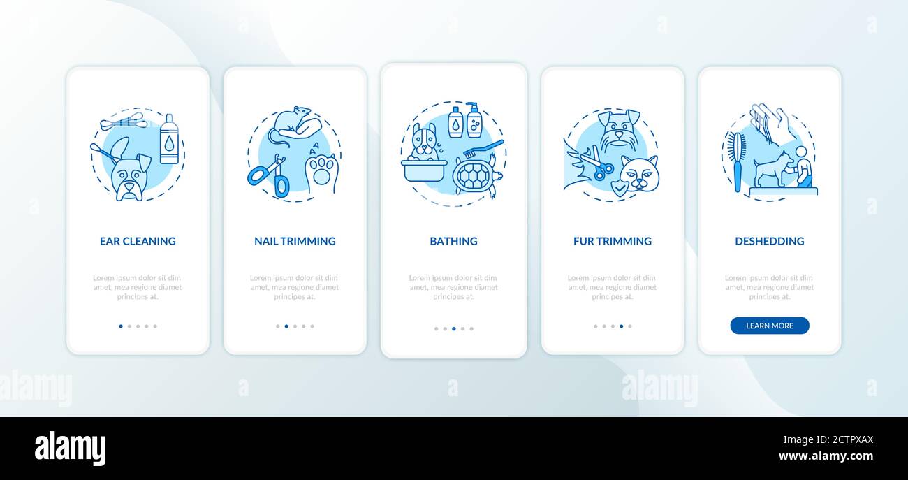 Typen von Grooming Services Onboarding Mobile App Page Screen mit Konzepten Stock Vektor