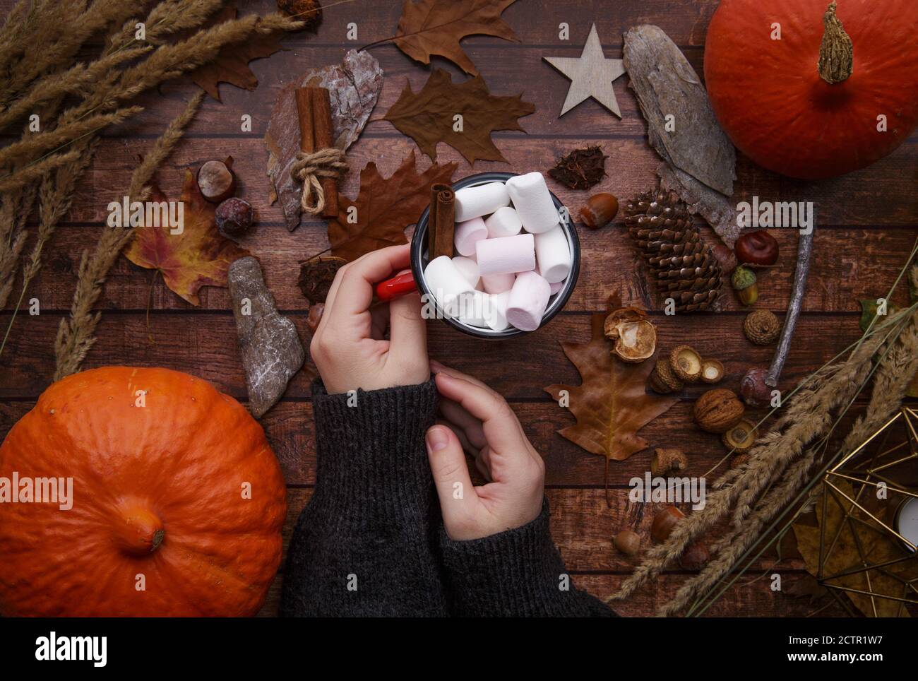 Frau Hände halten rote Tasse Kaffee mit Marshmallows auf Holztisch Stockfoto