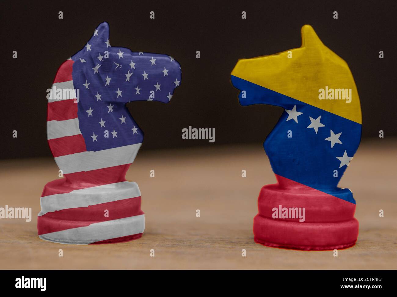 Konflikt zwischen USA und Venezuela, Pferde aus dem Schach - das Konzept des Regierungskonflikts Stockfoto