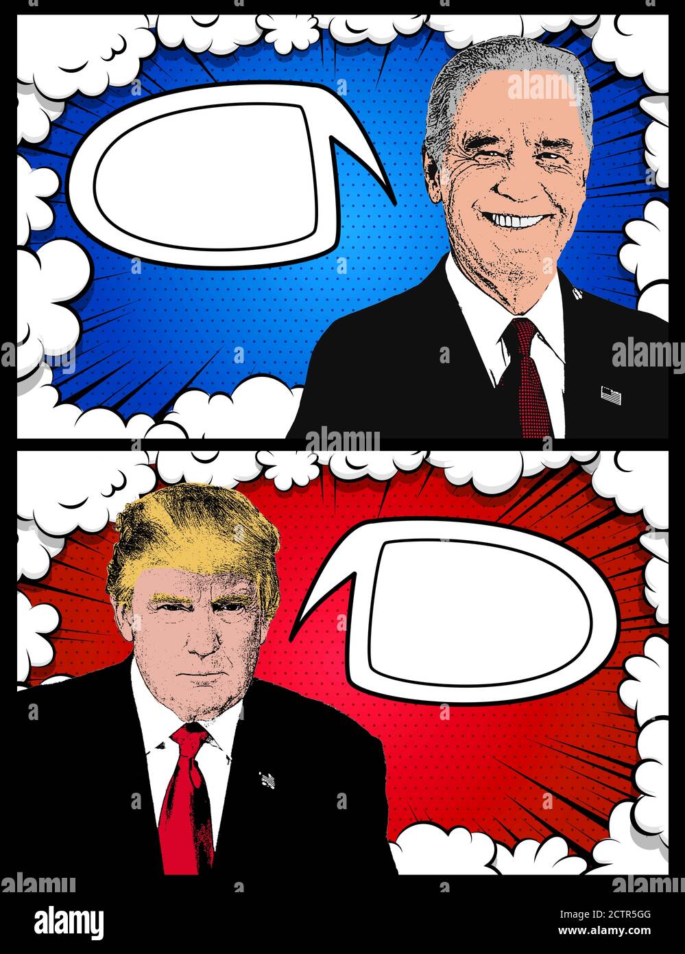 Cartoon-Box mit Joe Biden und Donald Trump im Gespräch, leerer Raum, um Text in Blasen zu schreiben. Freier Speicherplatz zum Hinzufügen von Wörtern. Biden gegen Trump.2024 Stockfoto