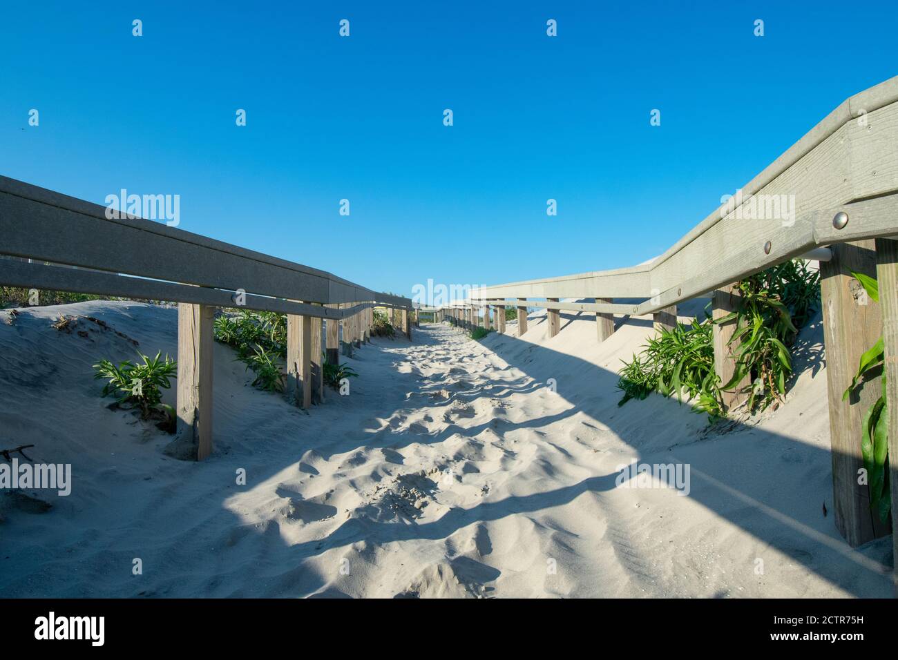 Ein Sandy Beach Path mit einem Holzzaun auf jedem Side Casting Shadows in Wildwood New Jersey Stockfoto