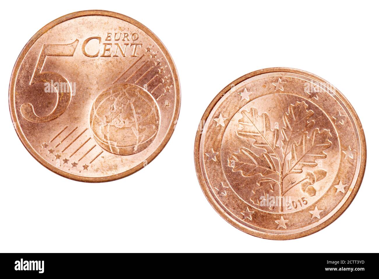 Vorder- und Rückseite der 5-Cent-Euro-Münze isoliert Auf weißem Hintergrund Stockfoto