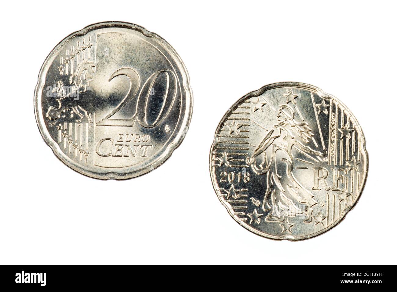Vorder- und Rückseite der 20-Cent-Euro-Münze isoliert Auf weißem Hintergrund Stockfoto