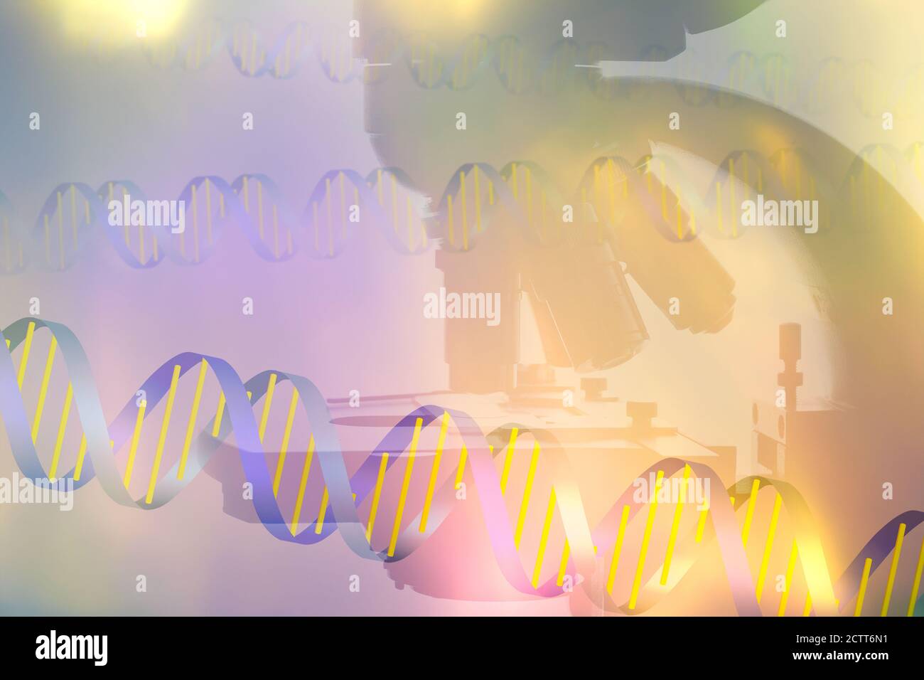 DNA-Helix und Silhouette des Mikroskops Stockfoto