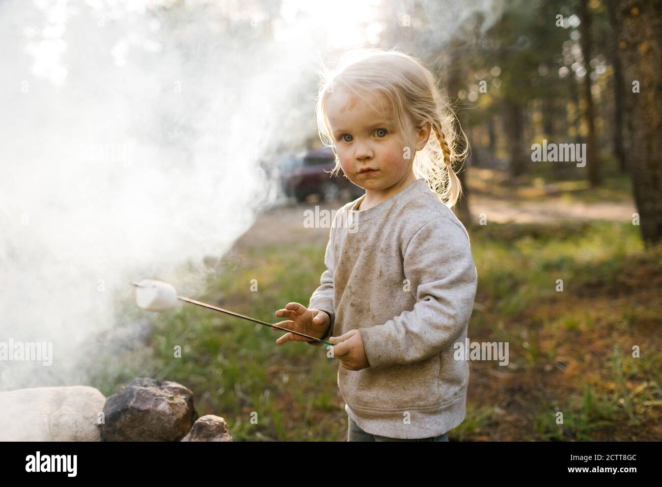 Portrait of girl (2-3) rösten Marshmallow über Lagerfeuer, Wasatch Cache National Forest Stockfoto