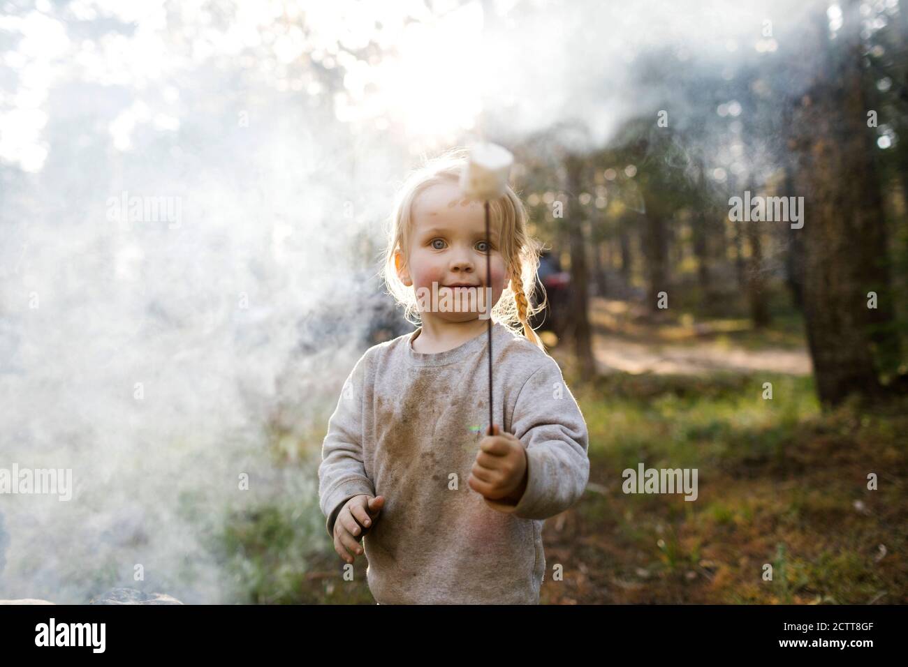 Portrait of girl (2-3) Holding Marshmallow in der Nähe Lagerfeuer im Wald, Wasatch Cache National Forest Stockfoto