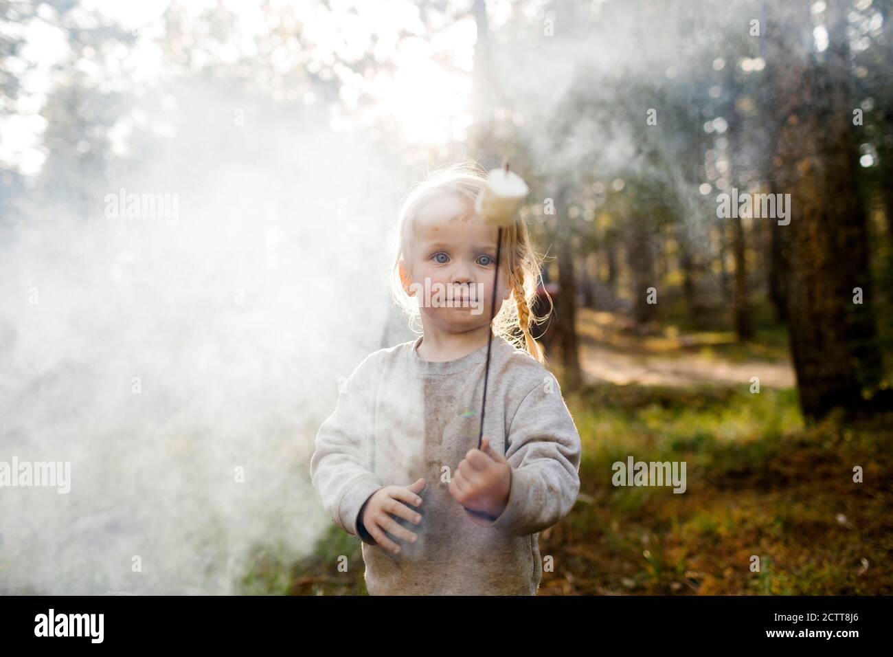 Portrait of girl (2-3) Holding Marshmallow in der Nähe Lagerfeuer im Wald, Wasatch Cache National Forest Stockfoto