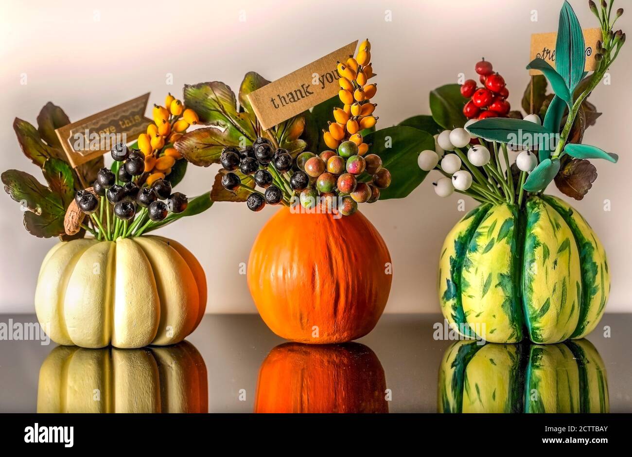 Urlaub Kürbisse. Weiß, Orange und Grün polymer clay Kürbisse für alle Heiligen Tag. Von sich. Soft Focus. Für Text platzieren. Copyspace Stockfoto
